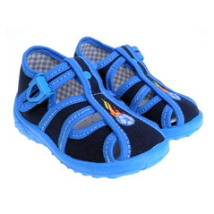 Detské textilné sandálky modré s ortopedickou stielkou, zapínanie na  pracku