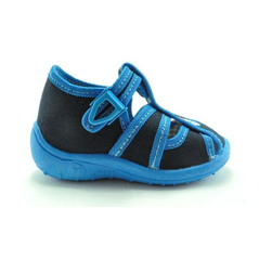 Detské textilné sandálky modré s ortopedickou stielkou, zapínanie na  pracku
