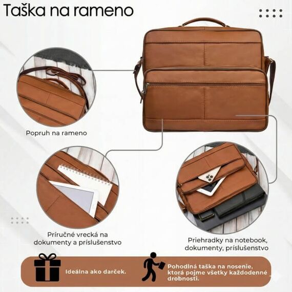 Priestranná pánska kožená taška vhodná pre dokumenty A4 a notebook 14 palcov