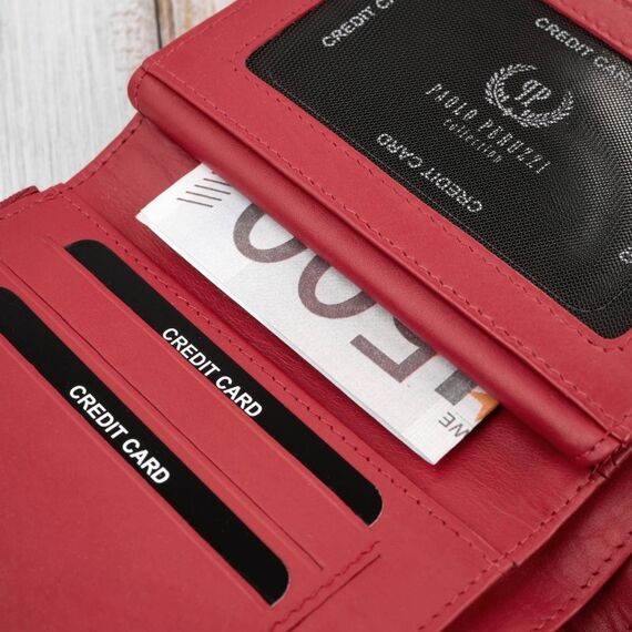 Otvorená červená peňaženka s organizérom na 16 kariet a RFID ochranou