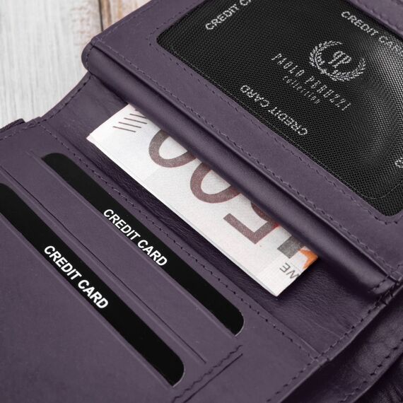 Otvorená fialová peňaženka s organizérom na 16 kariet a RFID ochranou