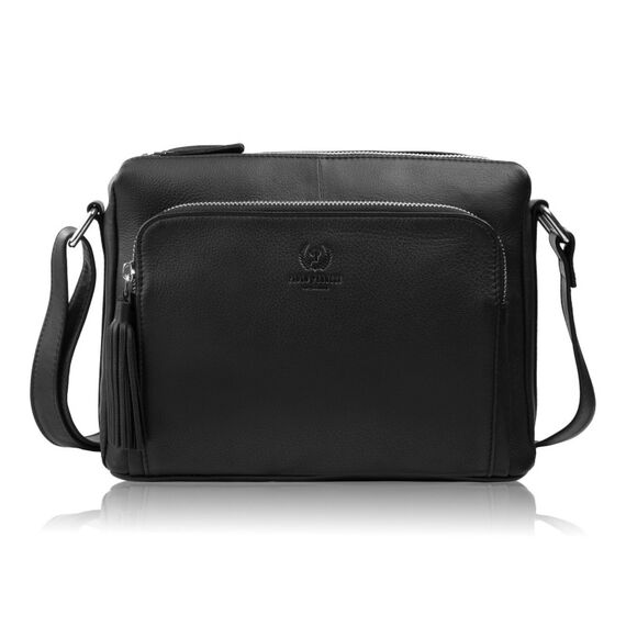 Čierna dámska kožená crossbody kabelka do mesta Paolo Peruzzi so strieborným kovaním