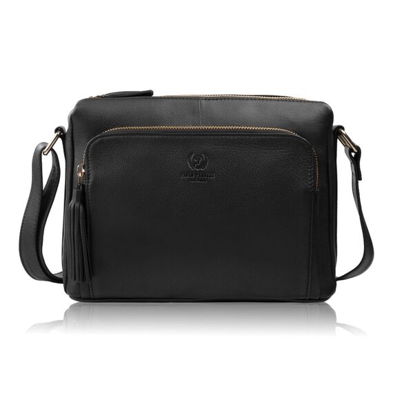 Čierna dámska kožená crossbody kabelka do mesta Paolo Peruzzi so zlatým kovaním