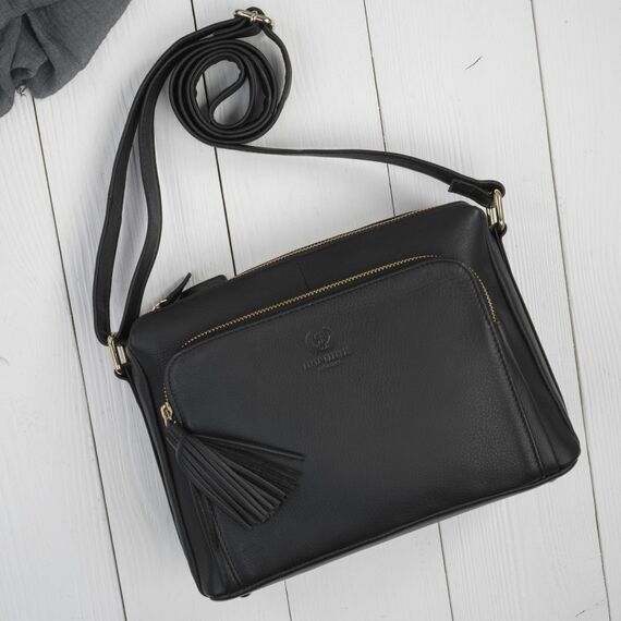 Čierna dámska kožená crossbody kabelka do mesta Paolo Peruzzi so zlatým kovaním