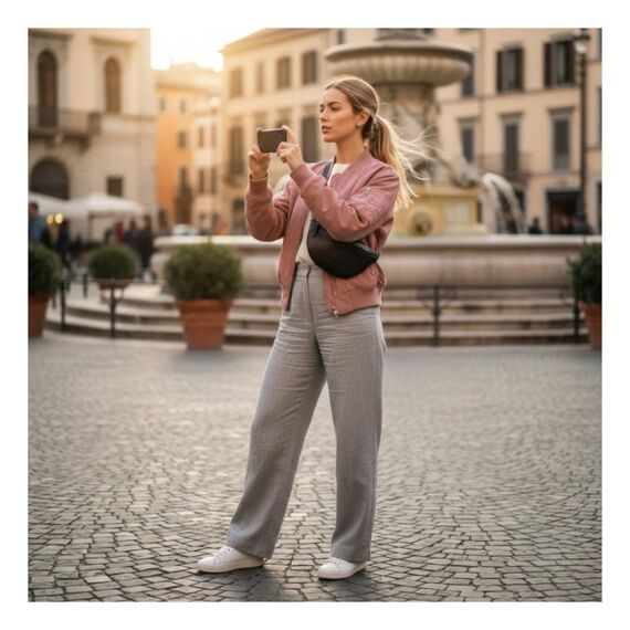 Žena v meste s elegantným čiernym batohom a lakovanou koženou ľadvinkou Paolo Peruzzi