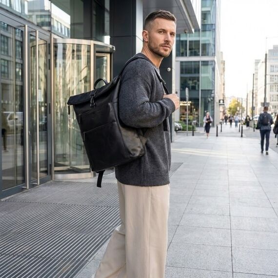 Muž v mestskom prostredí s elegantným čiernym batohom a ľadvinkou cez rameno
