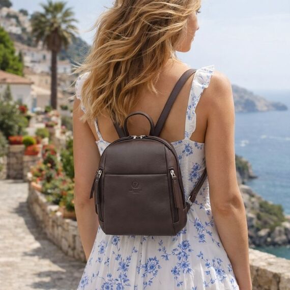 Žena v meste s elegantným hnedým koženým batohom a malou crossbody kabelkou