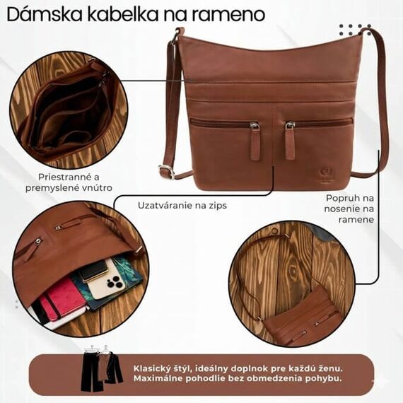 Koňaková dámska kožená kabelka Paolo Peruzzi AY-23-CG cez rameno