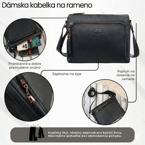 Elegantná čierna kožená kabelka Paolo Peruzzi AY-22-BLRG s kovaním z ružového zlata
