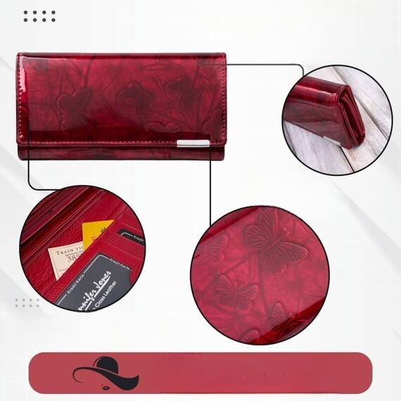 Dámska červená lakovaná kožená peňaženka s motýlím vzorom a lesklým povrchom