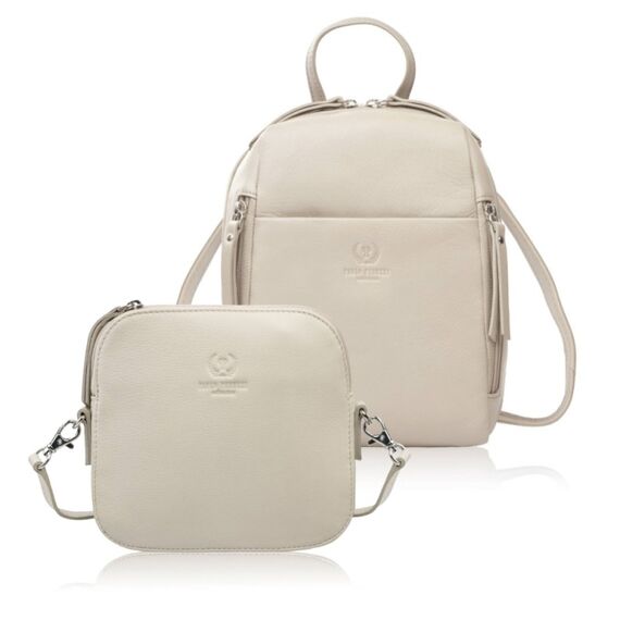 Béžová dámska darčeková sada Paolo Peruzzi kožený batoh a malá crossbody kabelka
