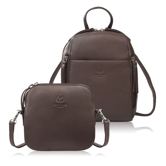Hnedá dámska darčeková sada Paolo Peruzzi kožený batoh a malá crossbody kabelka