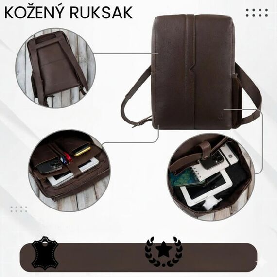Otvorený kožený batoh s vreckami a priestorom na dokumenty A4