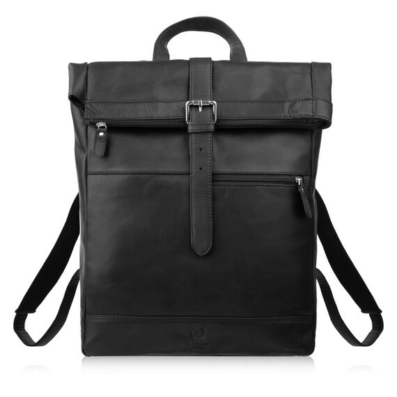 Pánsky vintage kožený batoh na notebook Paolo Peruzzi AY-32-BL čierny roll-top dizajn