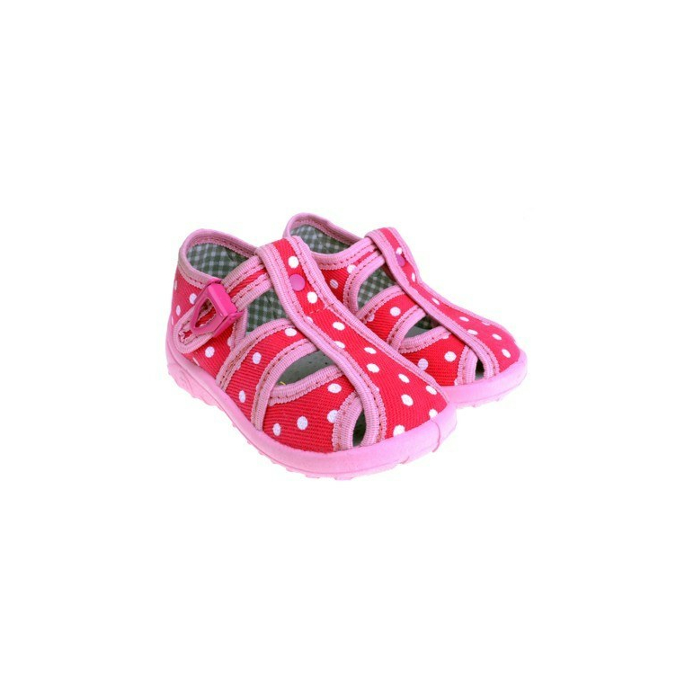 Detské textilné sandálky ružové s bielymi bodkami, s ortopedickou stielkou, zapínanie na  pracku