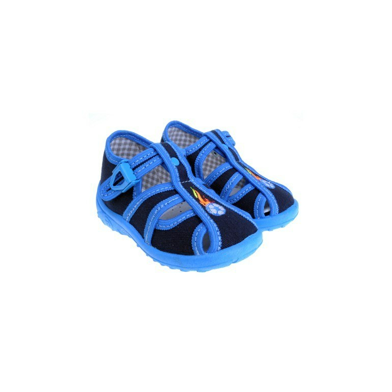 Detské veselé textilné papučky, prezuvky modré s výšivkou a ortopedickou stielkou