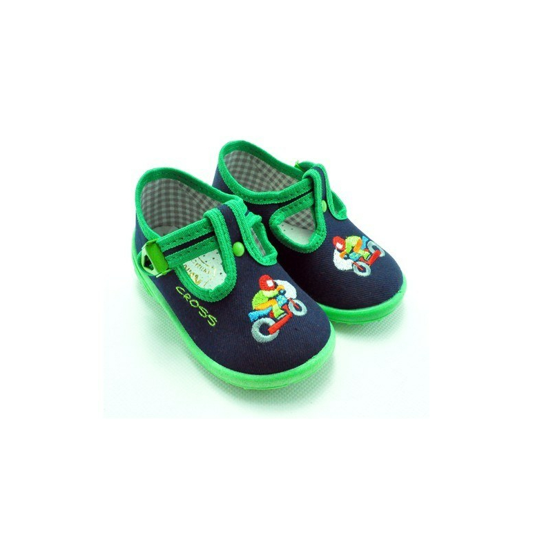 Detské veselé textilné papučky, prezuvky zelené s výšivkou motorky a ortopedickou stielkou